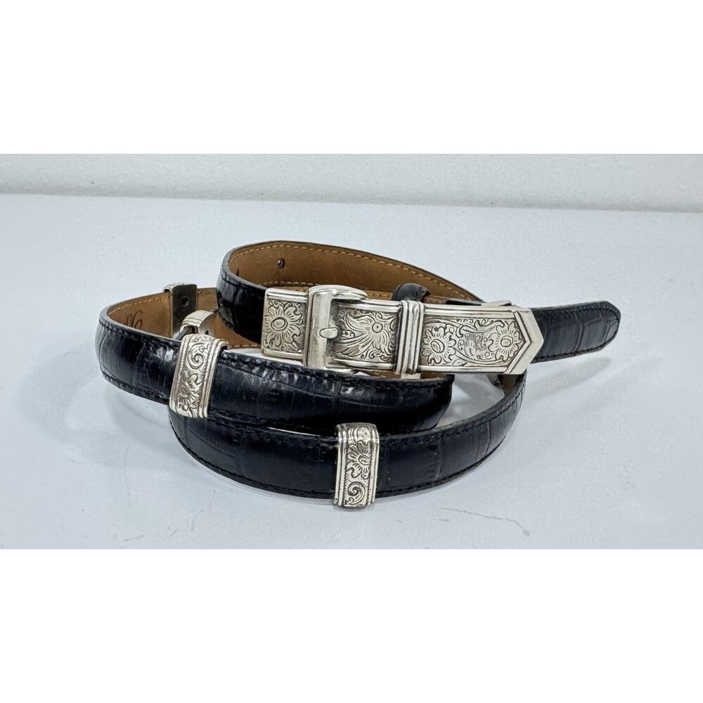 Brighton Black Croc Embossed Leather Belt Silver Buckle B20083 Size M L 32